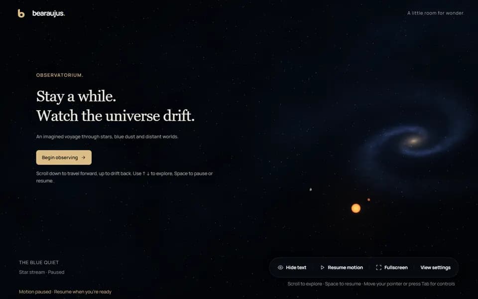 Desktop preview of Observatorium: stars and blue cosmic dust around distant planets, a sun and a spiral galaxy.